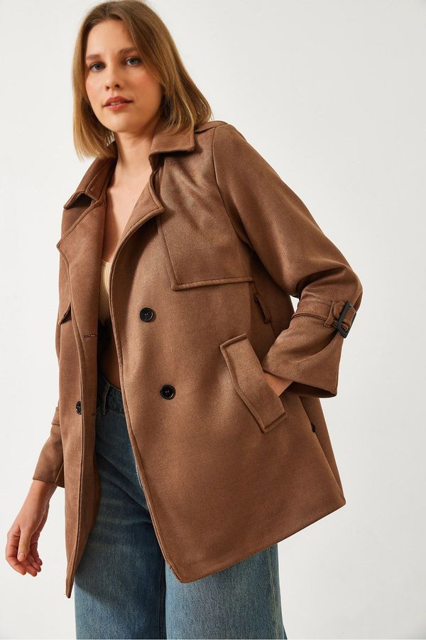 Bianco Lucci Bianco Lucci Women's Sleeve Belt Detailed Belted Suede Trench Coat 2632