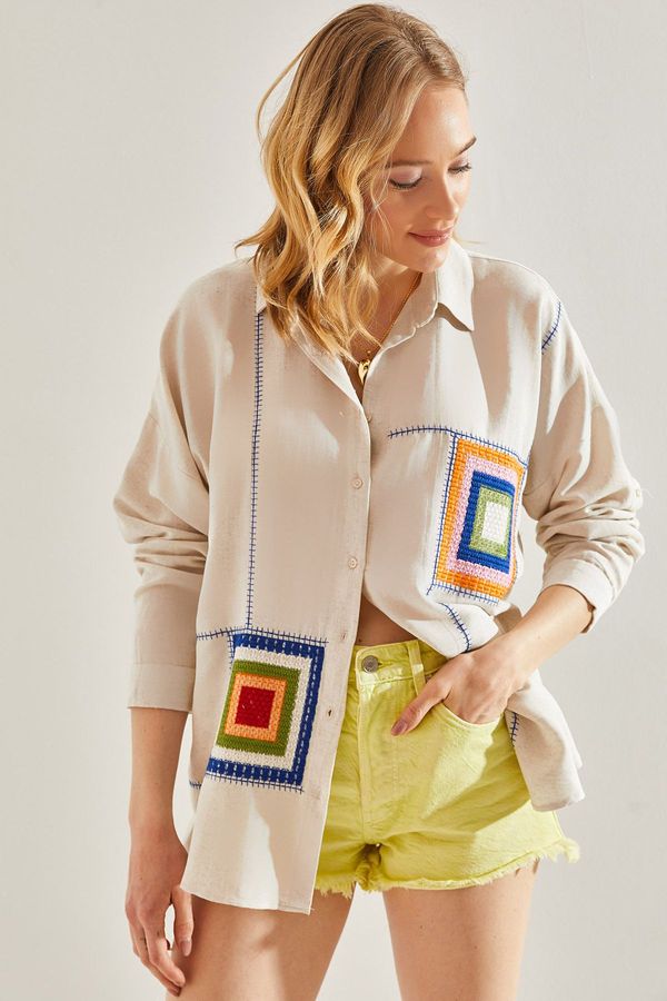 Bianco Lucci Bianco Lucci Women's Square Patterned Oversize Linen Shirt