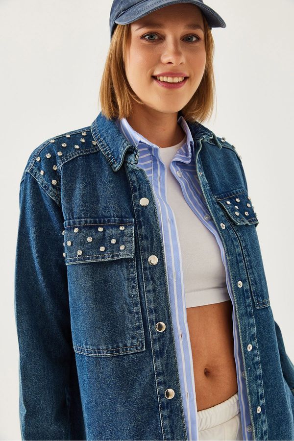 Bianco Lucci Bianco Lucci Women's Stone Detailed Denim Jacket