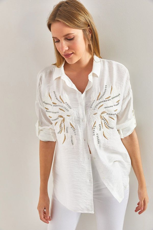 Bianco Lucci Bianco Lucci Women's Stone Embroidered Patterned Linen Ayrobin Shirt