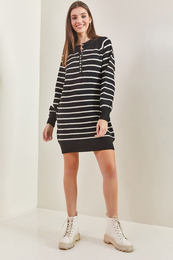 Bianco Lucci Bianco Lucci Women's Striped Buttoned Soft Sweater Dress