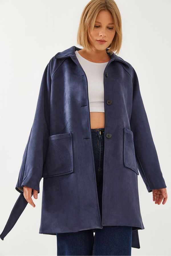 Bianco Lucci Bianco Lucci Women's Striped Lining Detail Belted Suede Trench Coat 2601