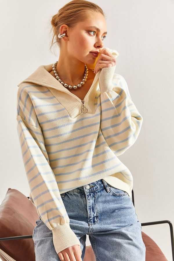 Bianco Lucci Bianco Lucci Women's Striped Zipper Knitwear Sweater