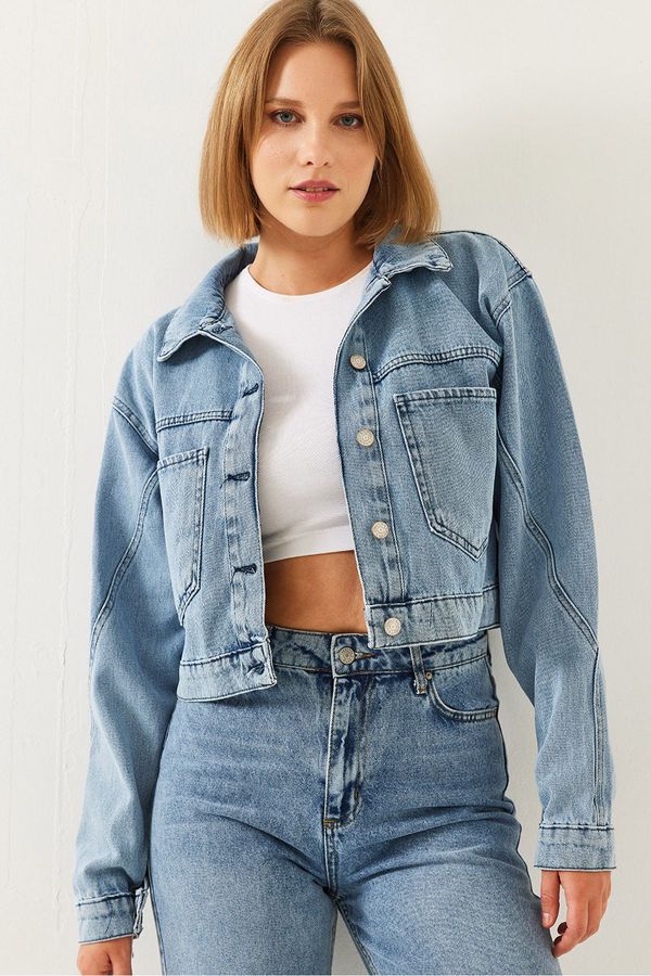 Bianco Lucci Bianco Lucci Women's Triangle Sleeve Detail Crop Denim Jacket 2420