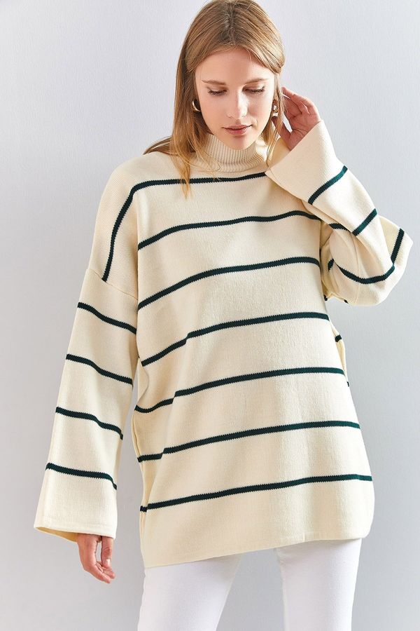 Bianco Lucci Bianco Lucci Women's Turtleneck Striped Oversize Knitwear Sweater