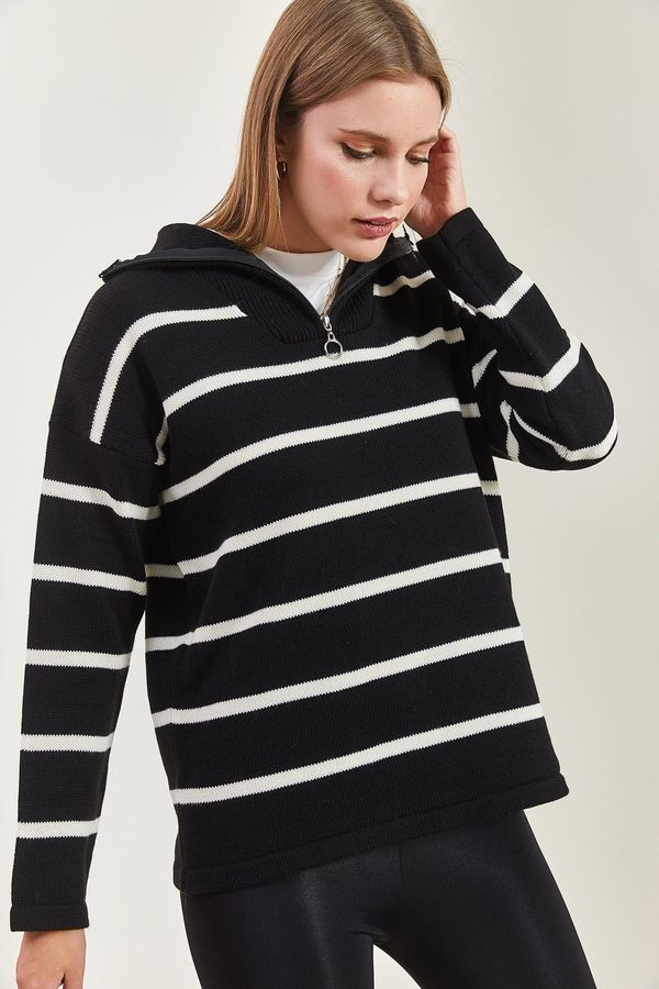 Bianco Lucci Bianco Lucci Women's Turtleneck Zippered Striped Knitwear Sweater