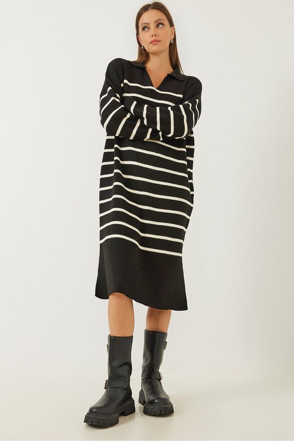Bianco Lucci Bianco Lucci Women's V-Neck Striped Knitwear Dress with Side Slits
