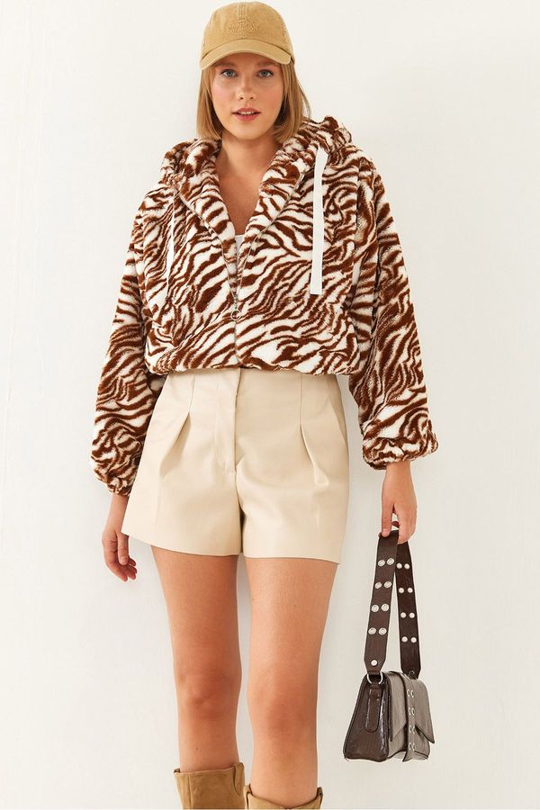 Bianco Lucci Bianco Lucci Women's Zippered Patterned Plush Coat