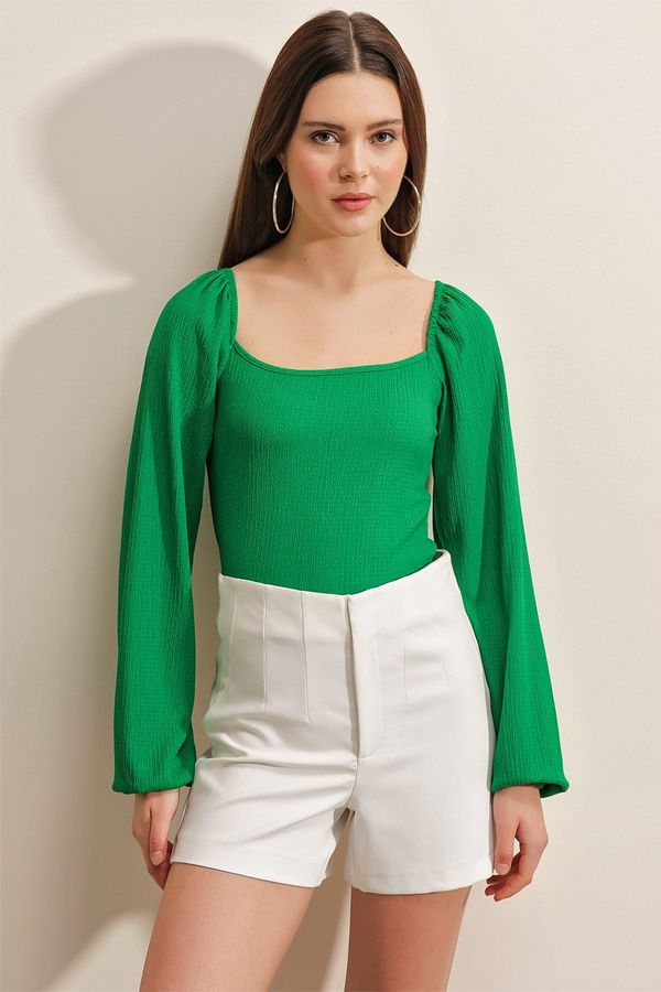 Bigdart Bigdart 0465 Knitted Blouse with Balloon Sleeves - Green