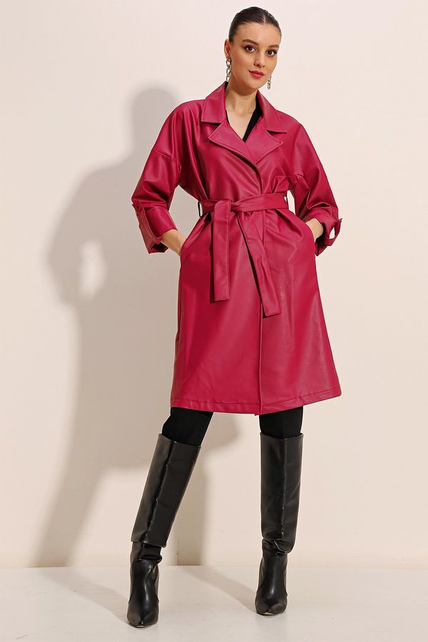 Bigdart Bigdart 1034 Belted Faux Leather Trench Coat - Burgundy