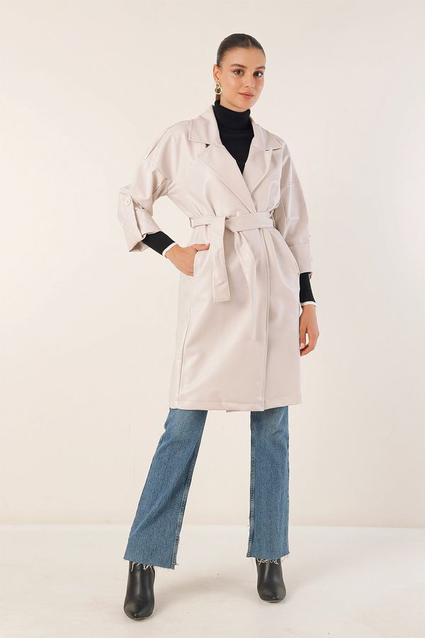 Bigdart Bigdart 1034 Belted Faux Leather Trench Coat - Ecru