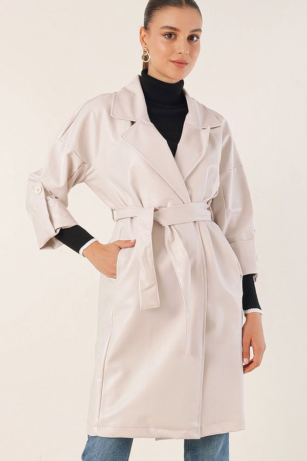 Bigdart Bigdart 1034 Belted Faux Leather Trench Coat - Ecru