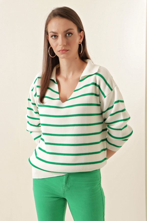 Bigdart Bigdart 15778 Striped Oversize Sweater - Green