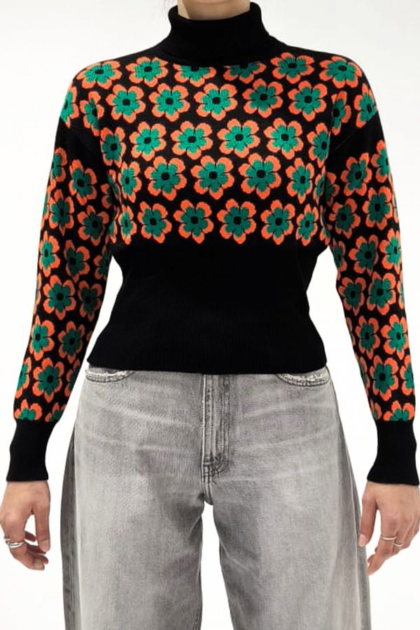 Bigdart Bigdart 15801 Turtleneck Patterned Crop Sweater - Orange