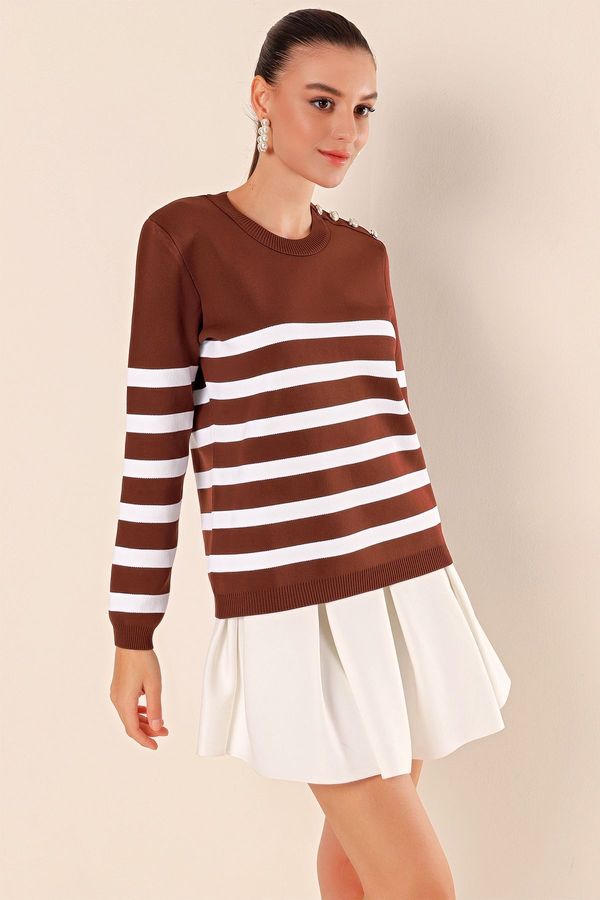 Bigdart Bigdart 15820 Button Detail Striped Sweater - Brown