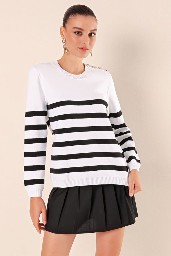 Bigdart Bigdart 15820 Button Detail Striped Sweater - C. Black