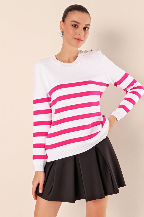 Bigdart Bigdart 15820 Button Detail Striped Sweater - C. Fuchsia