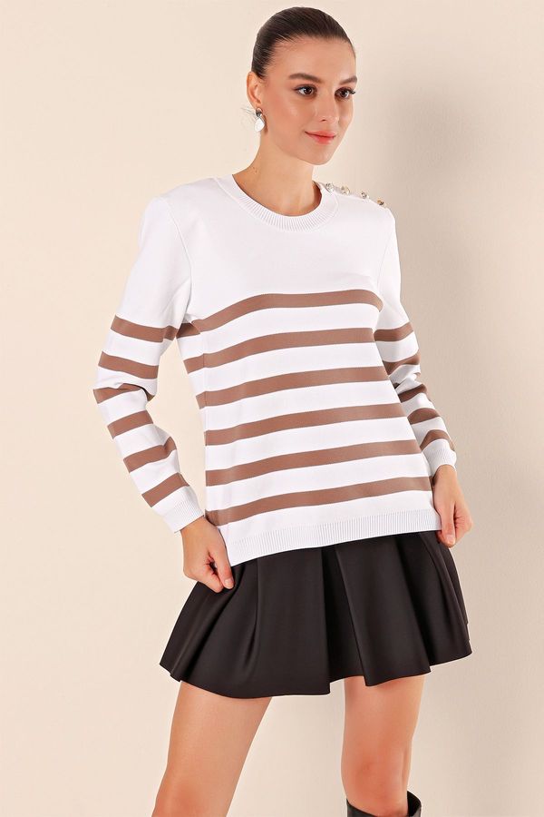 Bigdart Bigdart 15820 Button Detail Striped Sweater - C. Mink