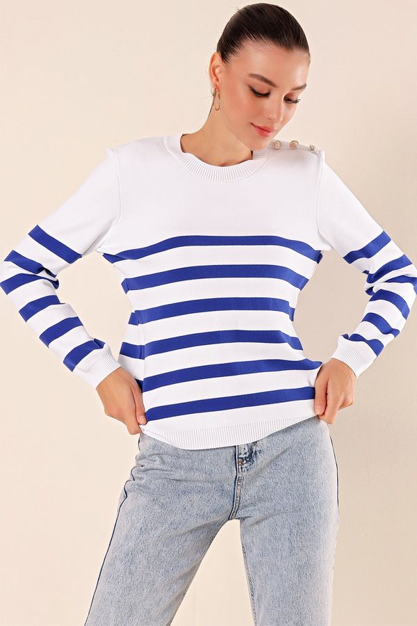 Bigdart Bigdart 15820 Button Detail Striped Sweater - C.Saks