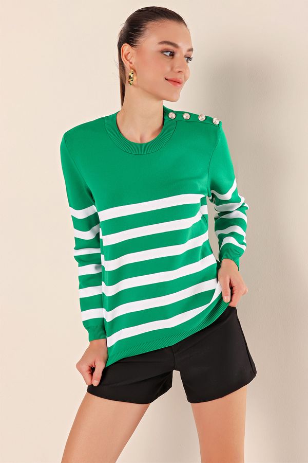Bigdart Bigdart 15820 Button Detail Striped Sweater - Green