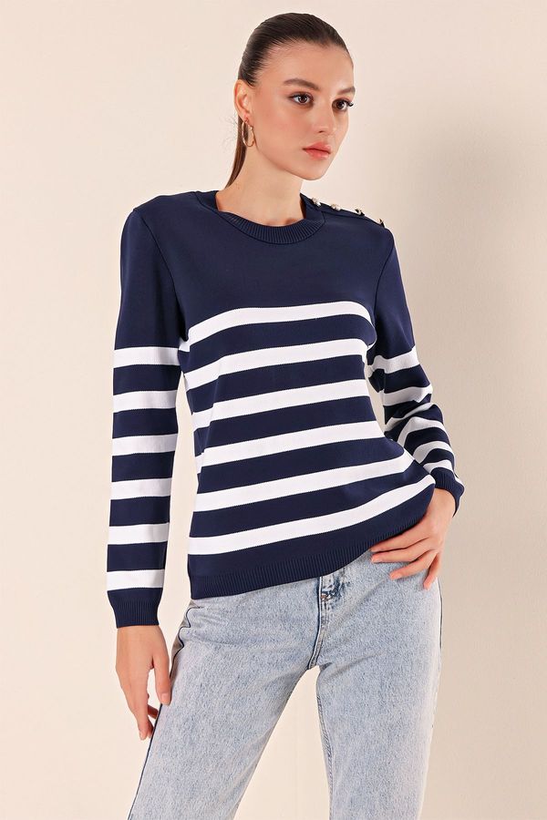 Bigdart Bigdart 15820 Button Detail Striped Sweater - Navy Blue