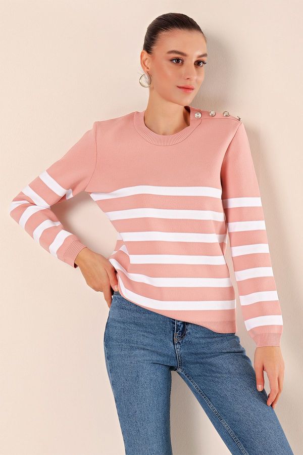 Bigdart Bigdart 15820 Button Detail Striped Sweater - Powder