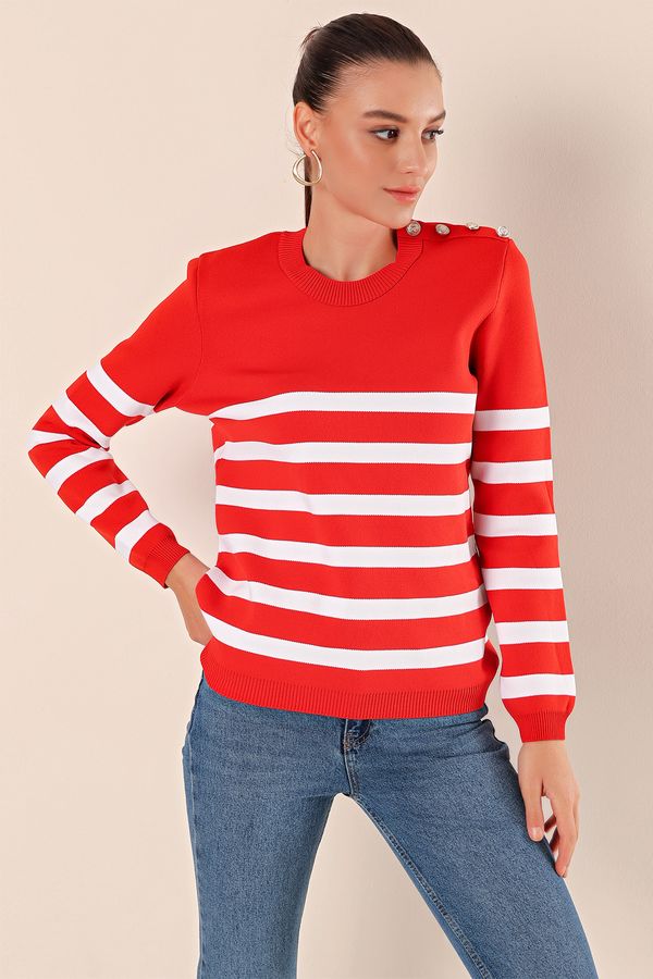 Bigdart Bigdart 15820 Button Detail Striped Sweater - Red