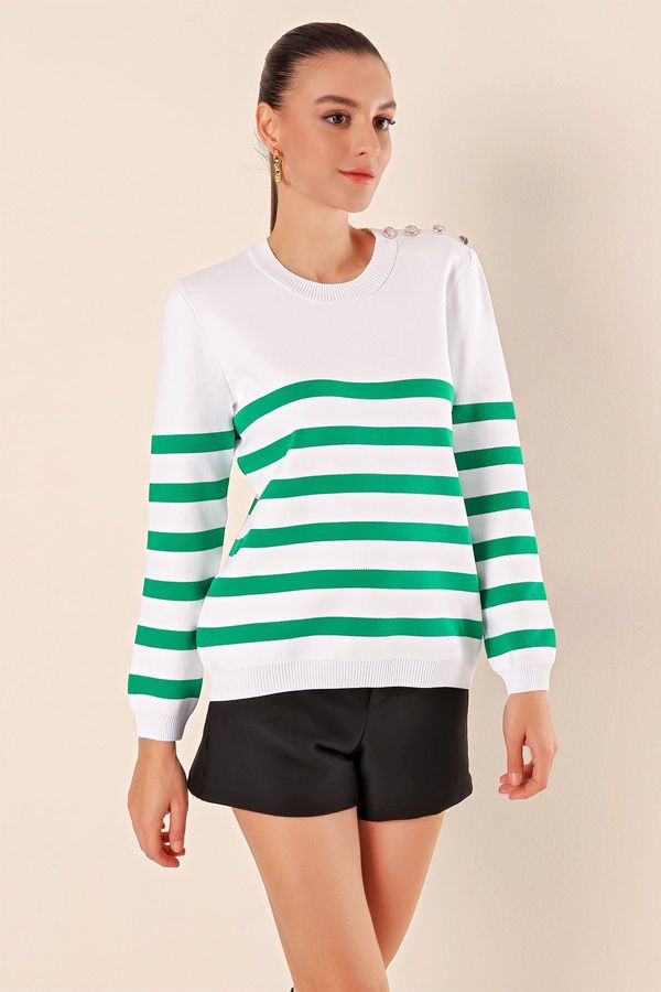 Bigdart Bigdart 15820 Button Detailed Striped Sweater - C.Green