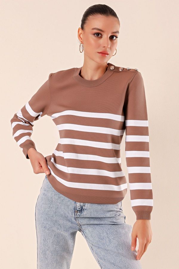 Bigdart Bigdart 15820 Button Detailed Striped Sweater - Dusty Rose