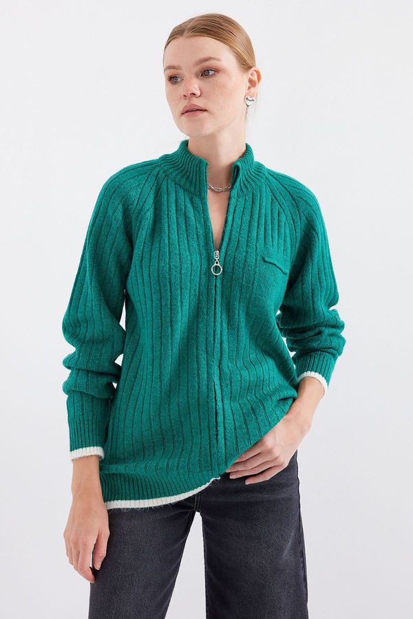 Bigdart Bigdart 15863 Zippered Knitwear Cardigan - Emerald