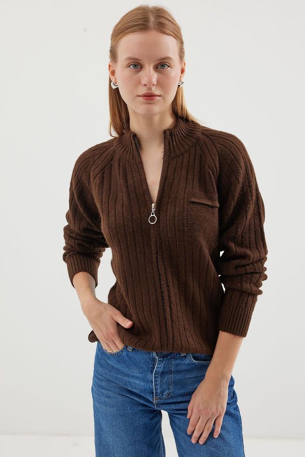 Bigdart Bigdart 15880 Zippered Knitwear Cardigan - Brown