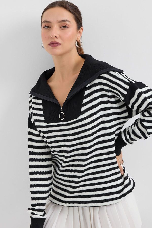 Bigdart Bigdart 15886 Polo Collar Striped Long Knitted Sweater - Black