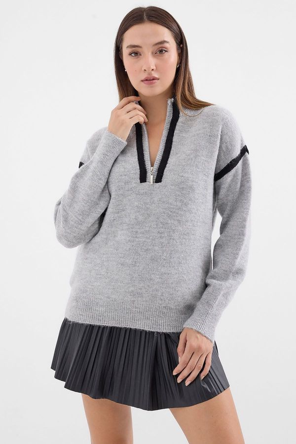 Bigdart Bigdart 15888 Zippered Oversize Sweater - Gray
