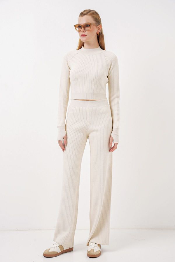 Bigdart Bigdart 15905 Women Crop Sweater Trousers Knitwear Bottom Top Set - Beige
