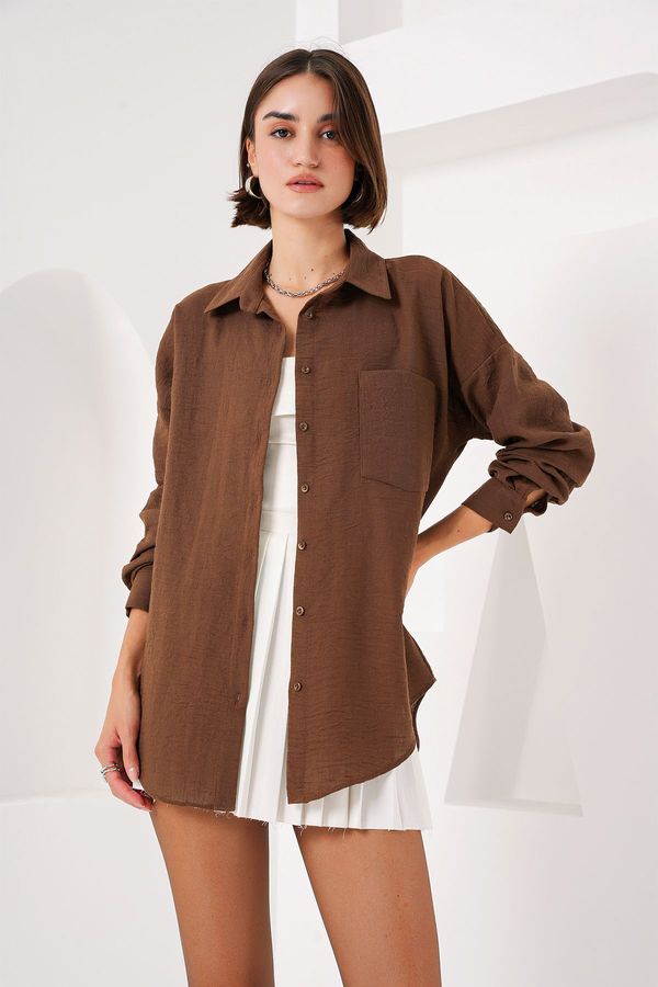 Bigdart Bigdart 20153 Single Pocket Oversize Linen Shirt - Light Brown