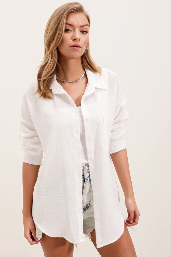 Bigdart Bigdart 20153 Single Pocket Oversize Linen Shirt - White