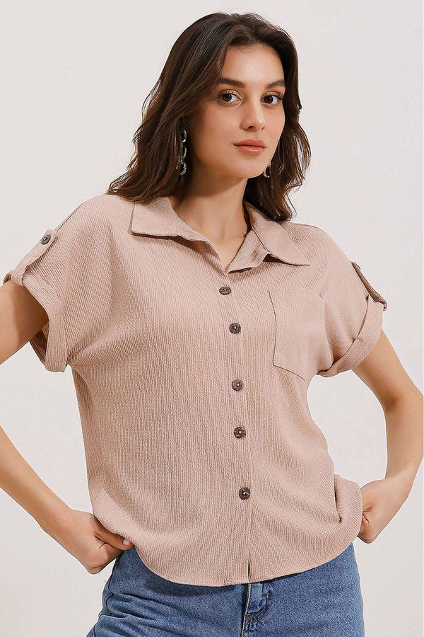 Bigdart Bigdart 20187 Short Sleeve Oversize Knitted Shirt - Biscuit