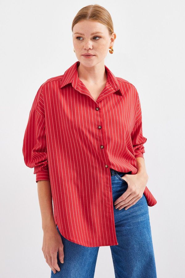 Bigdart Bigdart 20208 Striped Oversize Long Basic Shirt - Red