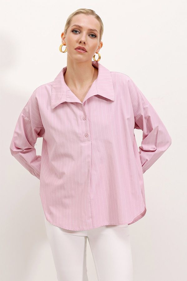 Bigdart Bigdart 20215 Wide-Fit Striped Oversize Shirt - Pink