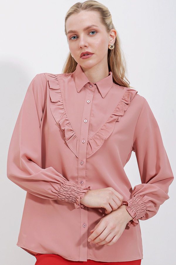 Bigdart Bigdart 20223 Frilly Long Sleeve Shirt - Pale Pink