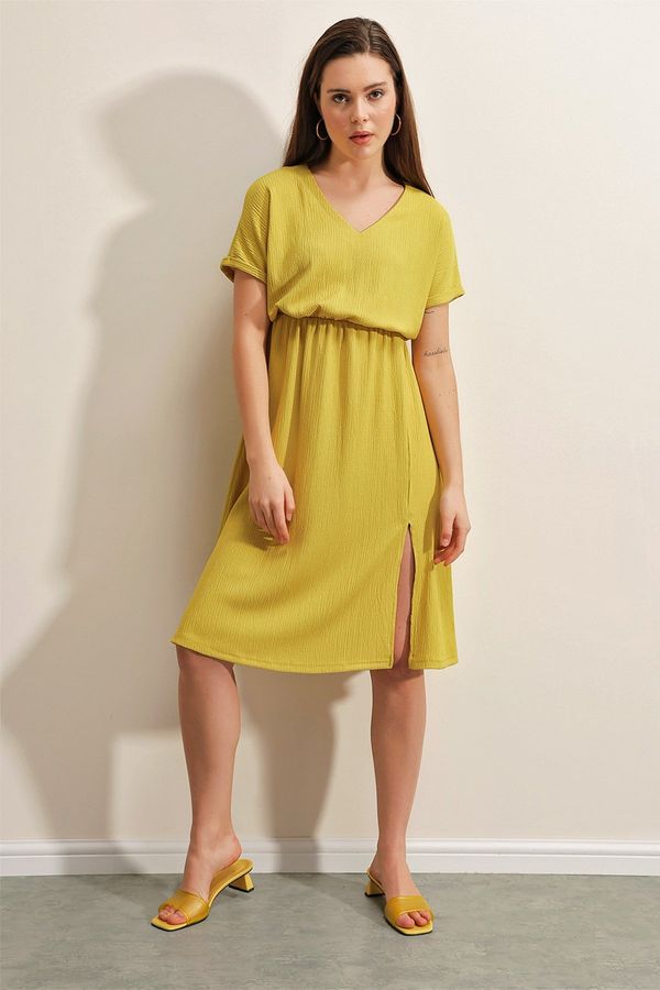 Bigdart Bigdart 2378 V-Neck Knitted Dress with Slits - Yellow
