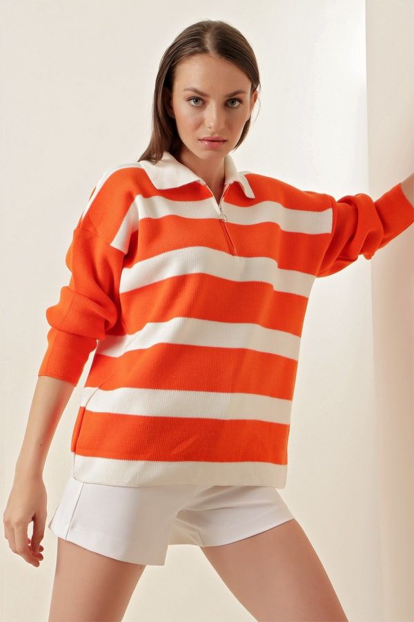 Bigdart Bigdart 4512 Striped Oversize Sweater - Orange
