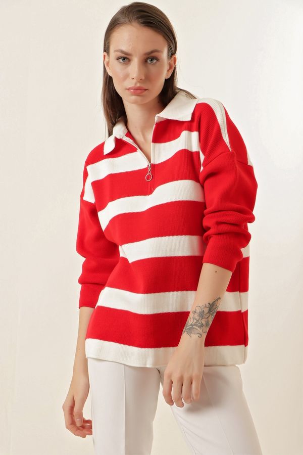 Bigdart Bigdart 4512 Striped Oversized Sweater - Red