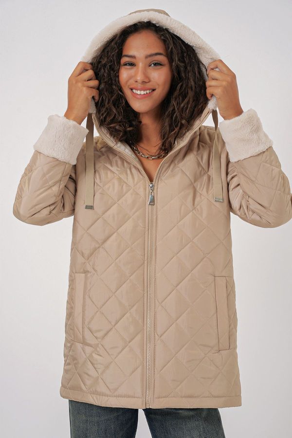 Bigdart Bigdart 5197 Hooded Quilted Coat - Beige