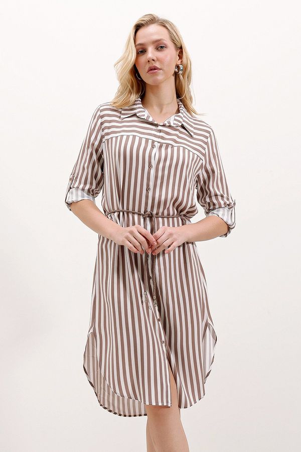 Bigdart Bigdart 5629 Striped Belted Dress - Mink