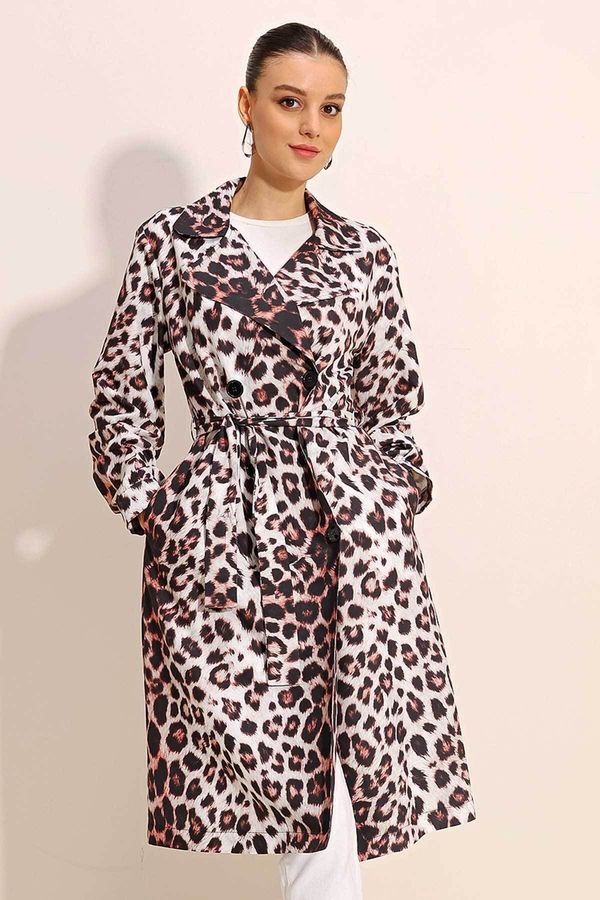 Bigdart Bigdart 5853 Patterned Double Breasted Collar Trench Coat - Ecru