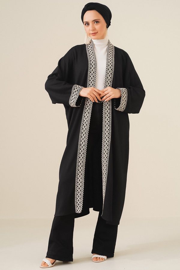 Bigdart Bigdart 5865 Embroidered Knitted Long Kimono - Black