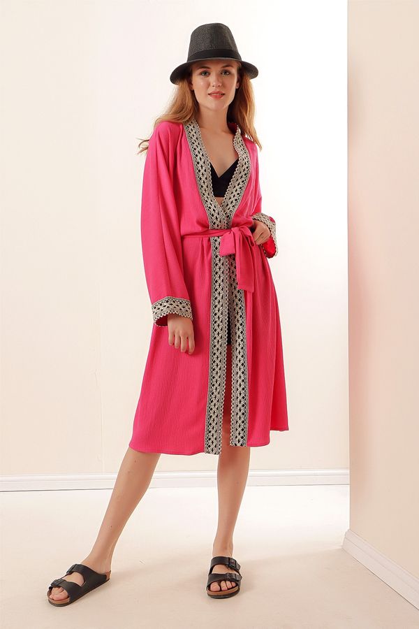 Bigdart Bigdart 5865 Embroidered Knitted Long Kimono - Fuchsia