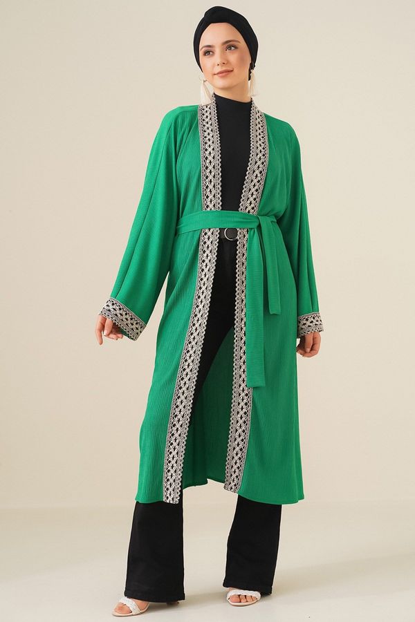 Bigdart Bigdart 5865 Embroidered Knitted Long Kimono - Green