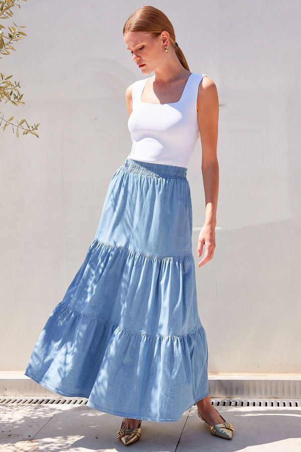 Bigdart Bigdart 8022 Flounce Long Denim Skirt - Blue